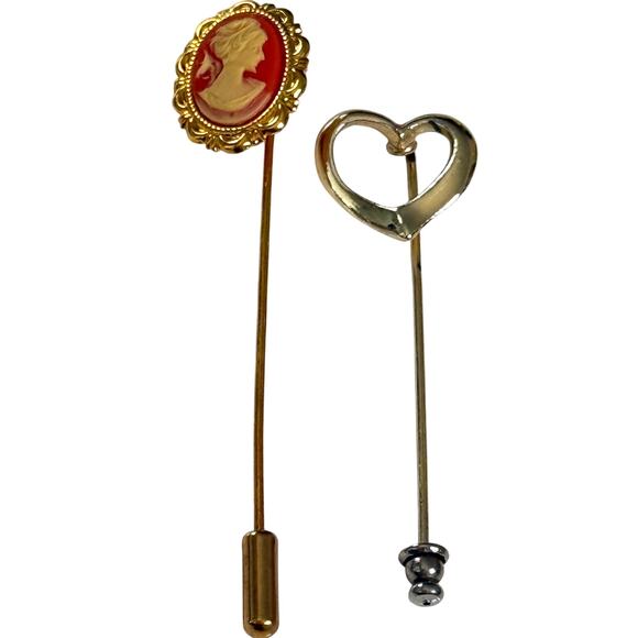 Vintage 1970s Gold Tone Coral Resin Cameo and Open Heart Hat Stick Pins - Picture 1 of 7
